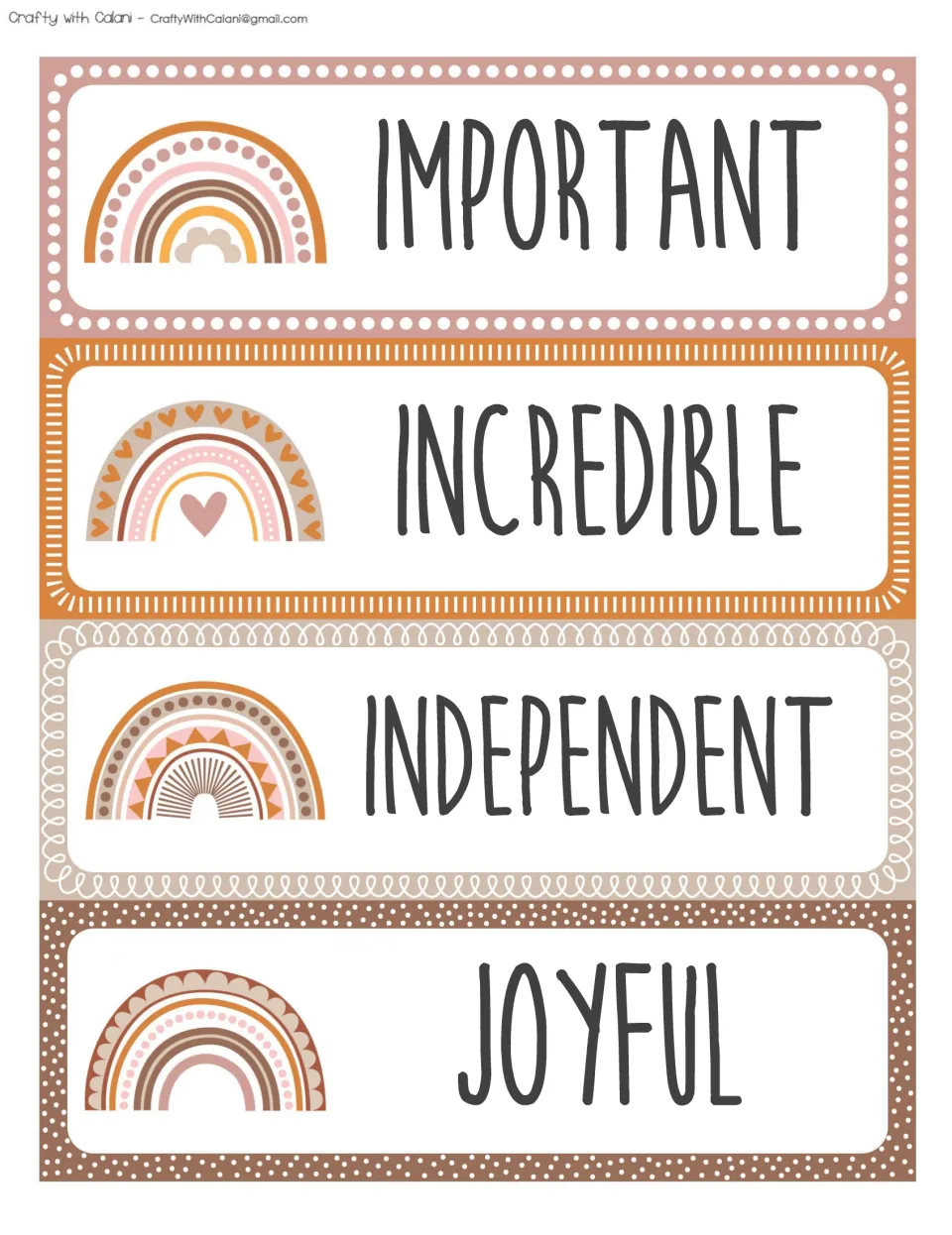 Affirmation cards for IMPORTANT, INCREDIBLE, INDEPENDENT and JOYFUL, alphabetical continuation of the word set
