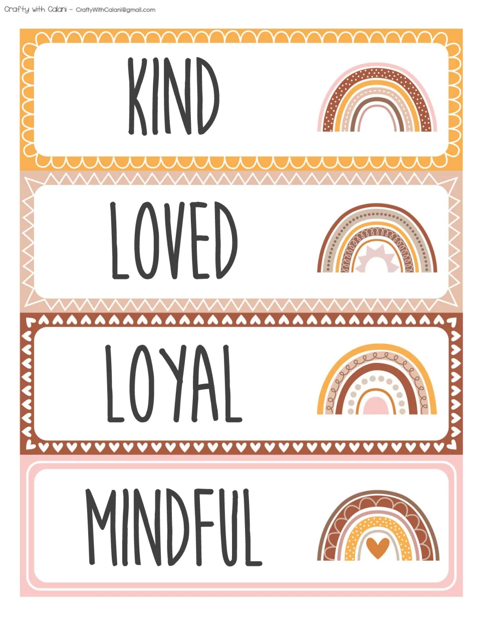 Affirmation words KIND, LOVED, LOYAL and MINDFUL in hand-lettered capitals, each card with a pastel rainbow design