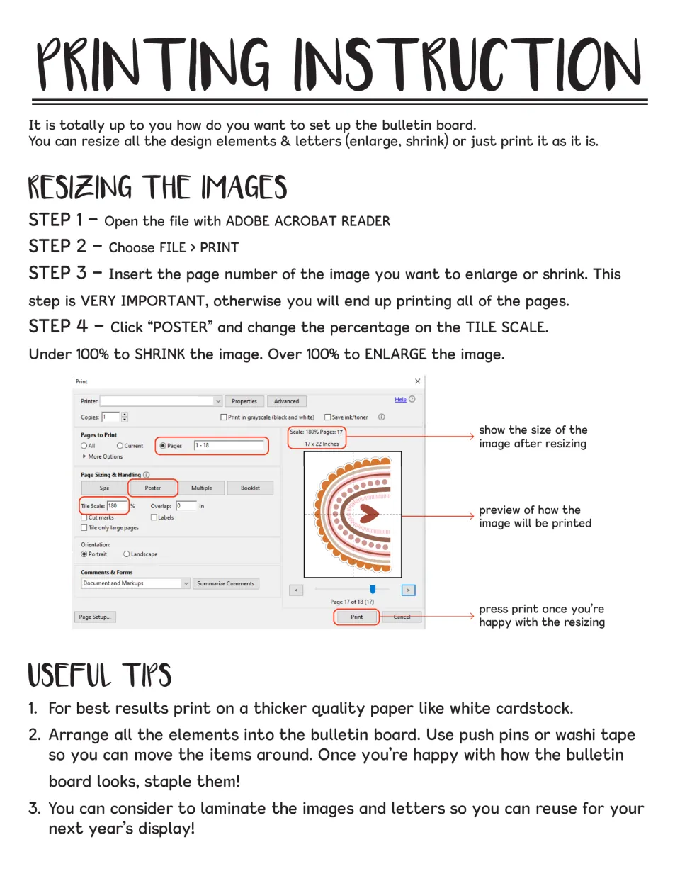 Printing instructions explain resizing display pieces using Adobe Acrobat Reader’s Poster and Tile Scale settings