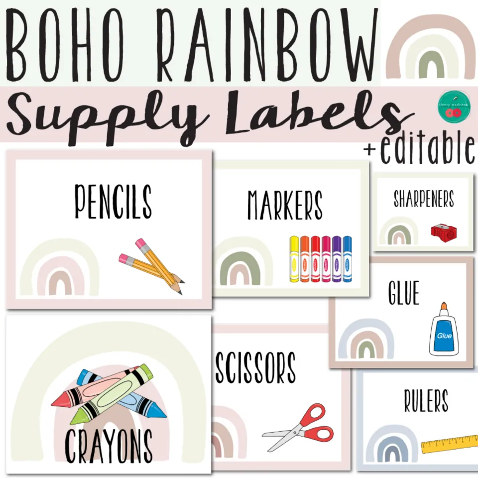 Supply label cover showing samples for pencils, markers, sharpeners, glue, crayons, scissors, and rulers