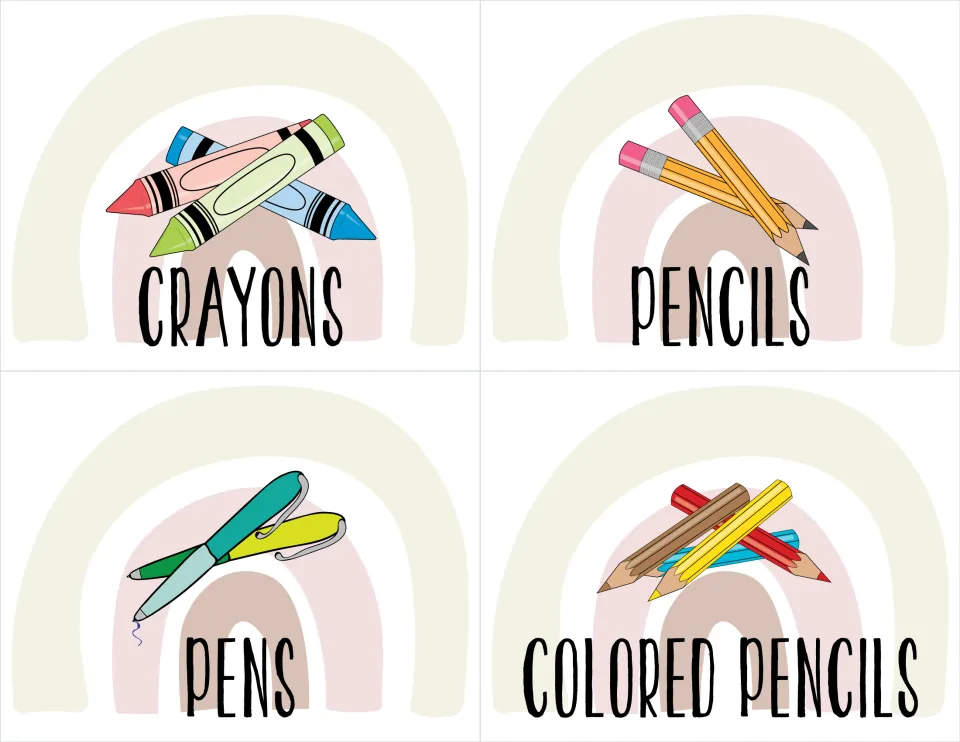 Classroom supply labels for crayons, pencils, pens, and colored pencils, each paired with a matching picture