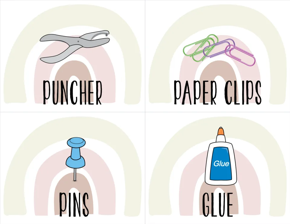 Classroom supply labels for puncher, paper clips, pins, and glue, each paired with a matching picture