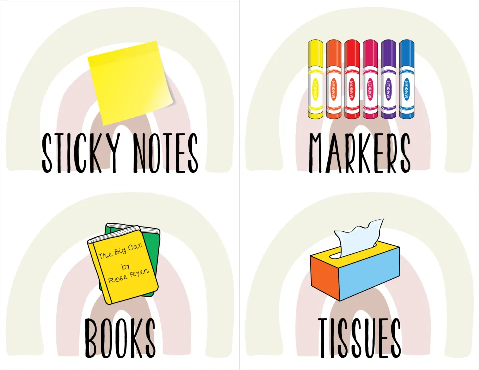 Classroom supply labels for sticky notes, markers, books, and tissues, each illustrated with the named item