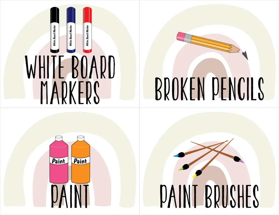 Illustrated classroom supply labels for white board markers, broken pencils, paint, and paint brushes