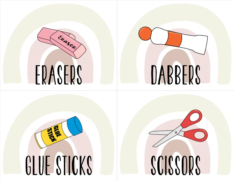 Classroom supply labels for erasers, dabbers, glue sticks, and scissors, each shown with its matching picture