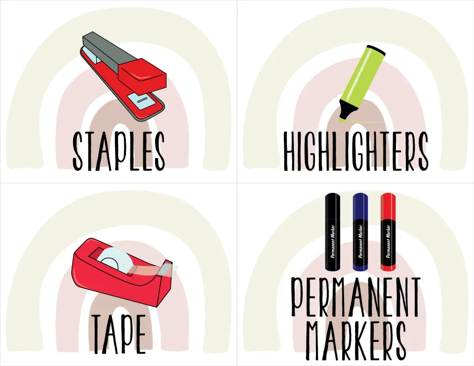 Classroom supply labels: staples pictured as a stapler, highlighters, tape, and permanent markers