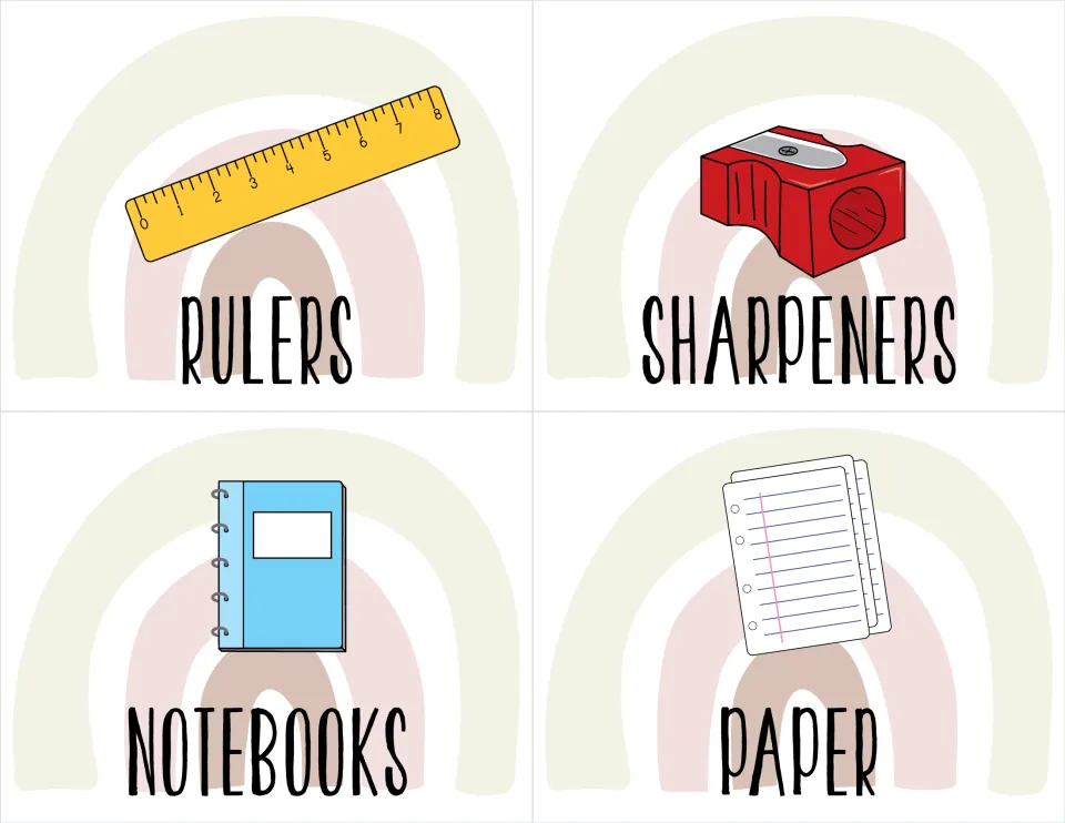 Classroom supply labels for rulers, sharpeners, notebooks, and paper, each paired with a matching picture