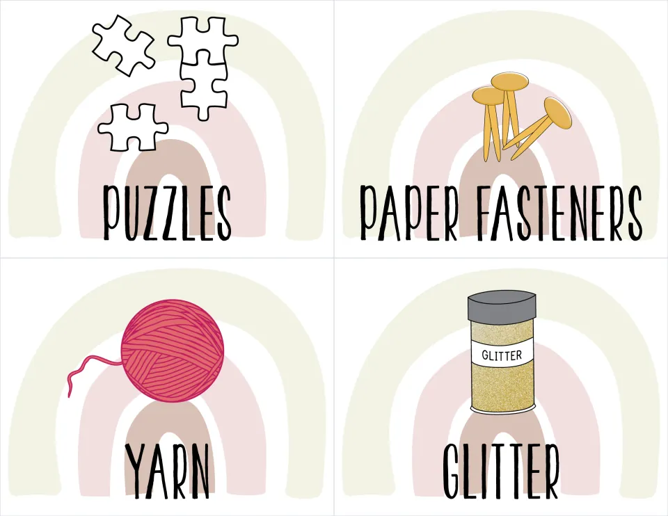 Classroom supply labels for puzzles, paper fasteners, yarn, and glitter, each illustrated with the named item