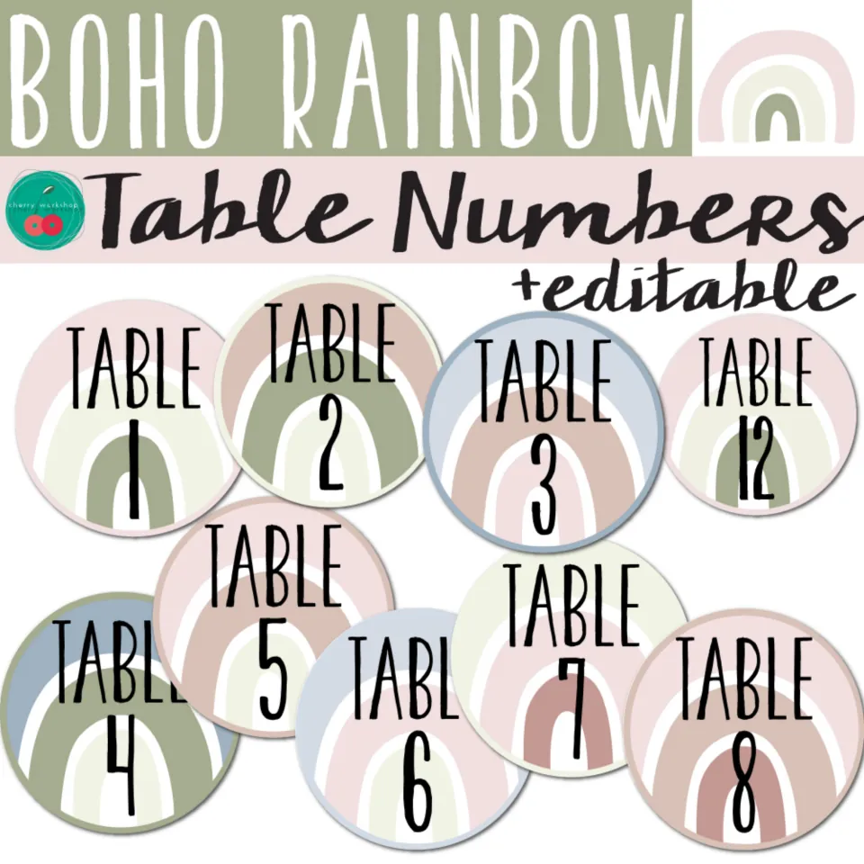 Boho Rainbow Table Numbers cover, marked +editable, showing round TABLE 1 to 12 signs with pink, sage and blue rainbows