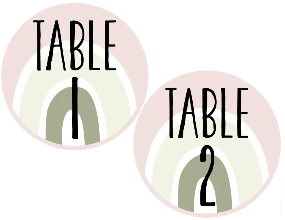 Round TABLE 1 and TABLE 2 signs, each with a sage green rainbow arch on a blush pink background, ready to cut out