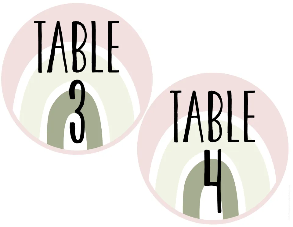 Round TABLE 3 and TABLE 4 signs in the sage green rainbow on blush pink design, to cut out and display at desks
