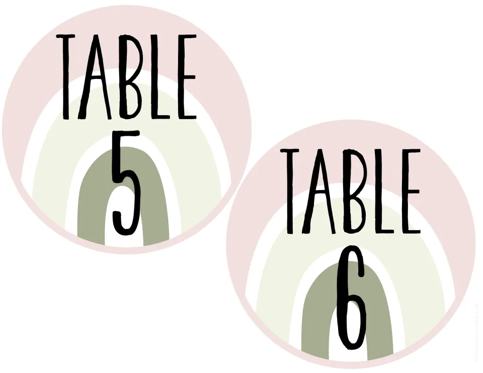 Round TABLE 5 and TABLE 6 signs featuring a sage green rainbow on blush pink, matching the earlier signs in the series