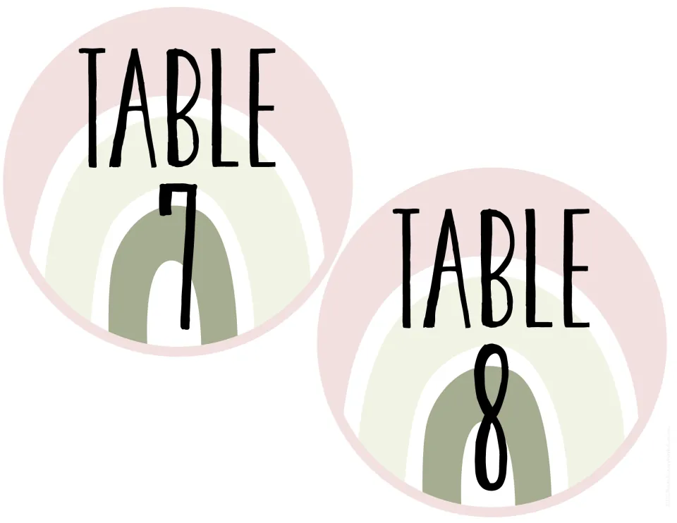 Round TABLE 7 and TABLE 8 signs completing the sage green rainbow on blush pink set shown on these pages