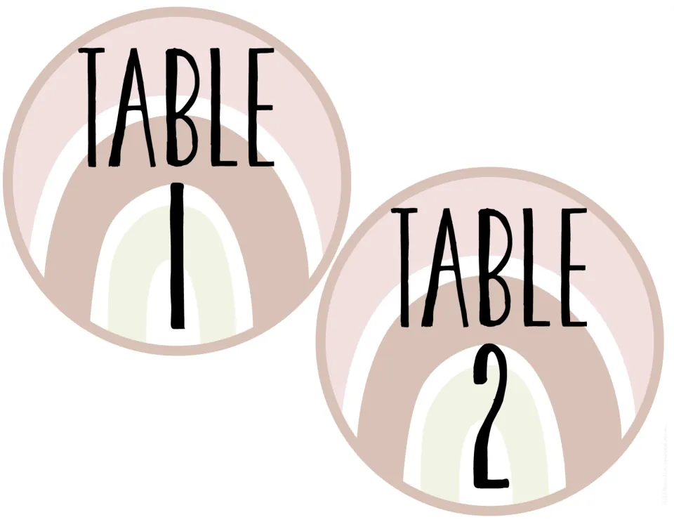 Round TABLE 1 and TABLE 2 signs in a second style: dusty rose rainbow with a cream inner arch and a tan circle edge