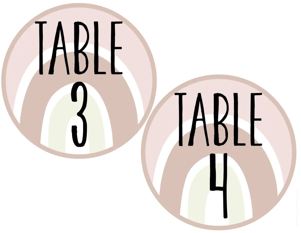 Round TABLE 3 and TABLE 4 signs with a dusty rose and cream rainbow inside a tan-rimmed pink circle, ready to cut out