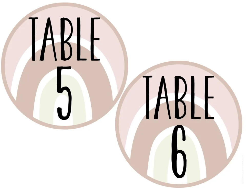 Round TABLE 5 and TABLE 6 signs in the dusty rose rainbow style, each number in tall black hand-lettered type