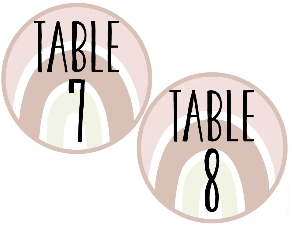 Round TABLE 7 and TABLE 8 signs closing the dusty rose rainbow set, with a cream arch behind each black numeral