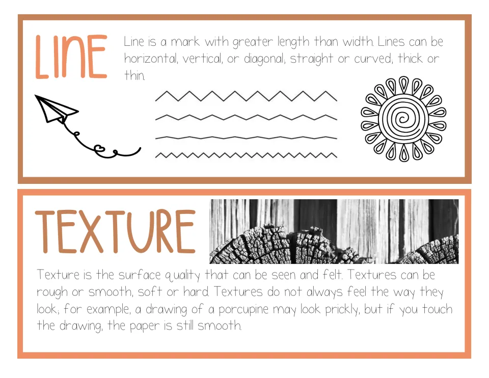 Line and texture posters: types of lines with zigzag and wavy examples, plus a tree-stump photo showing rough texture