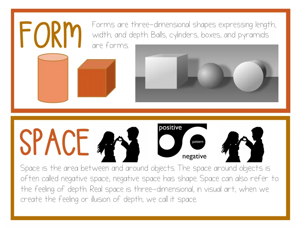 Form and space posters: cylinder, cube and shaded spheres show 3D form; silhouettes show positive and negative space