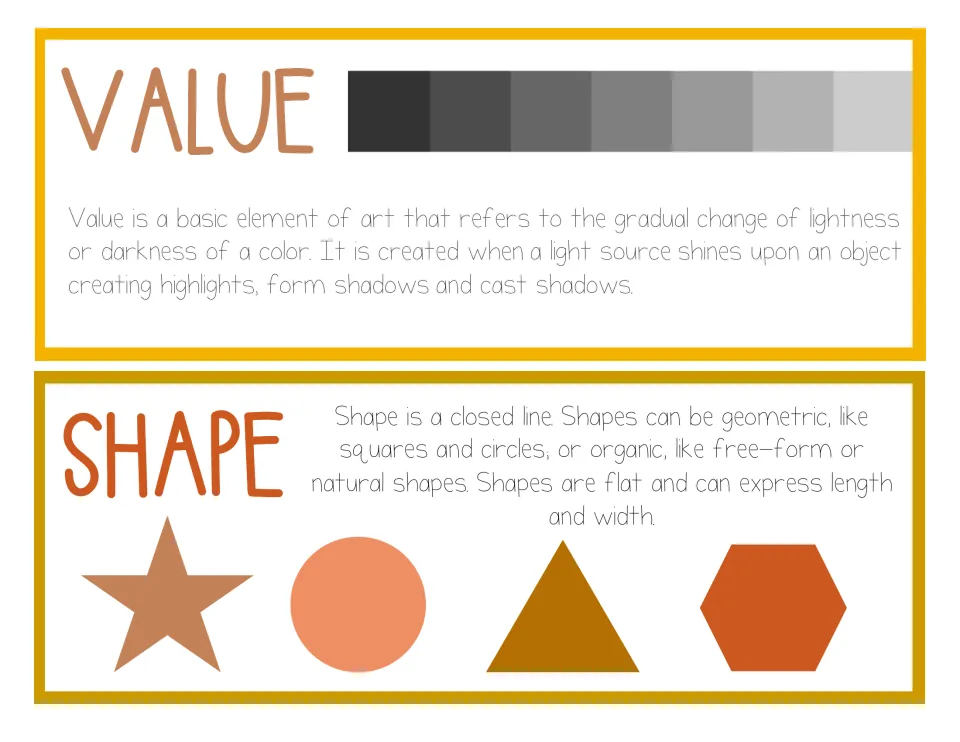 Value and shape posters: a dark-to-light gray value scale, plus a star, circle, triangle and hexagon as flat shapes