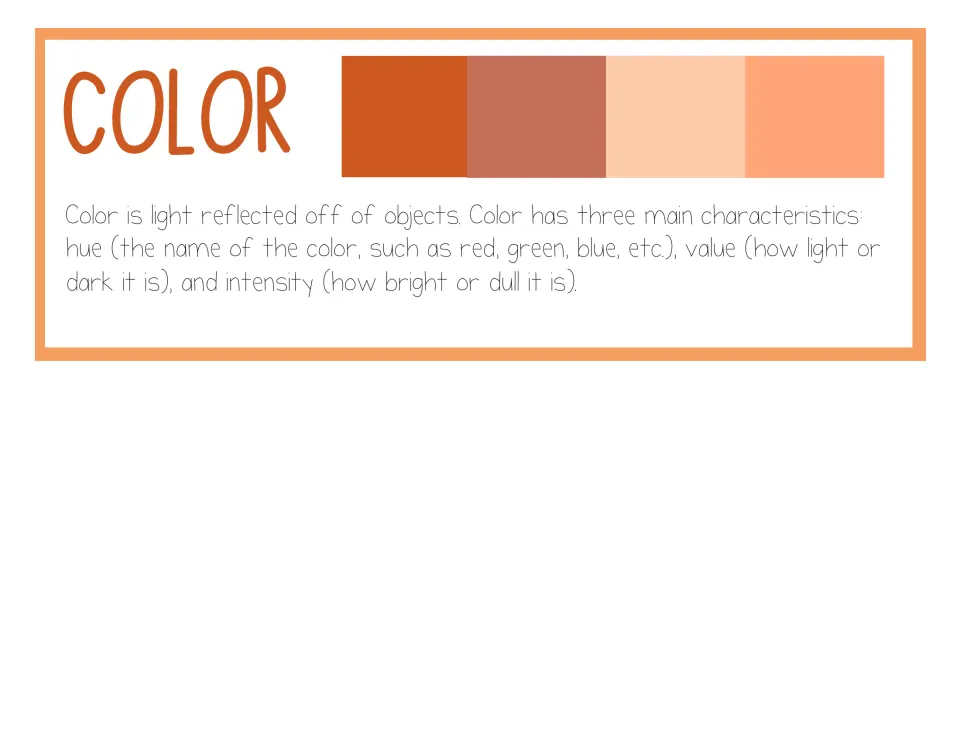 Color poster defining color as reflected light, with hue, value and intensity explained beside four orange-toned swatches