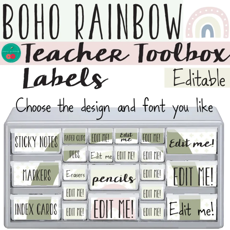 Boho Rainbow Teacher Toolbox Labels cover: editable drawer labels like sticky notes, markers, pencils and Edit me! samples