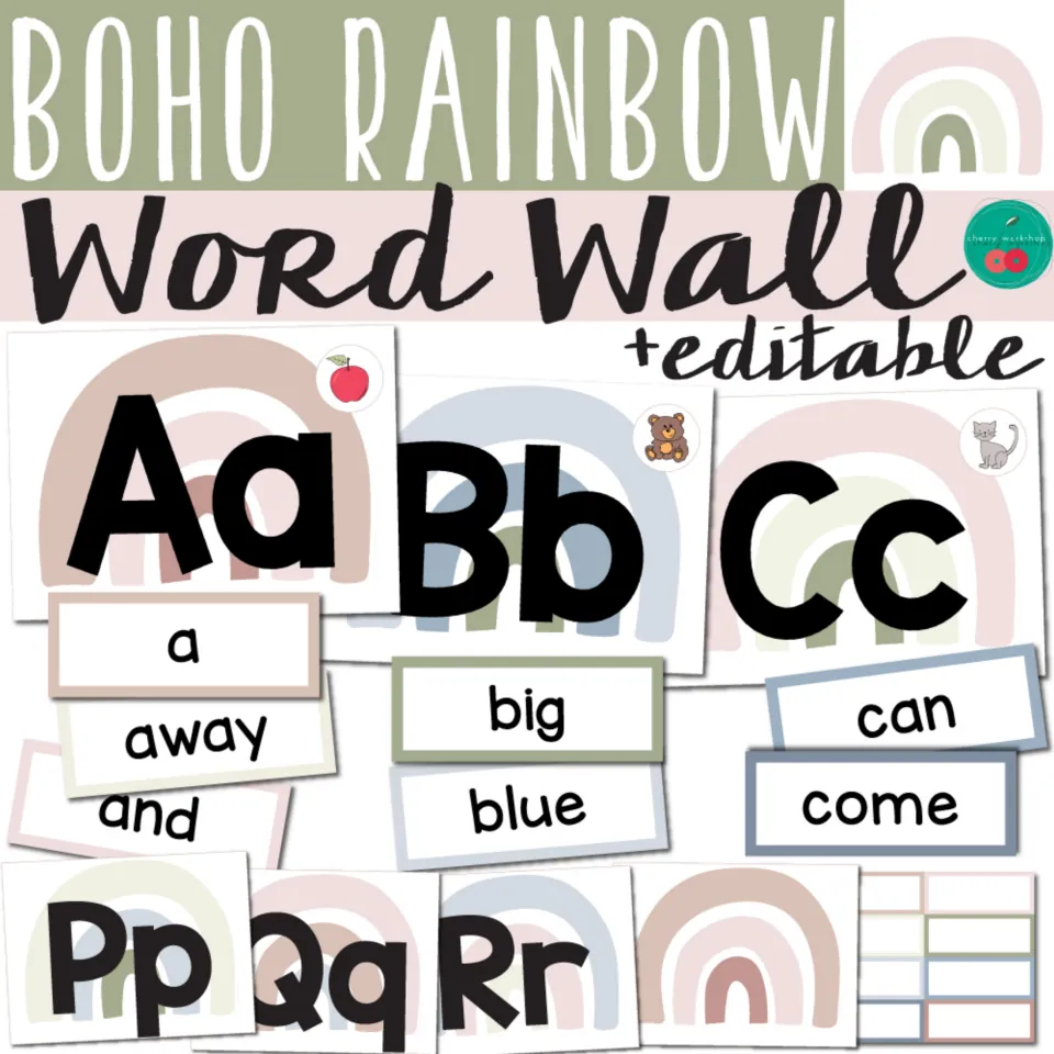 Boho Rainbow Word Wall + editable cover: letter headers like Aa, Bb, Cc and sight word cards such as away, big, come