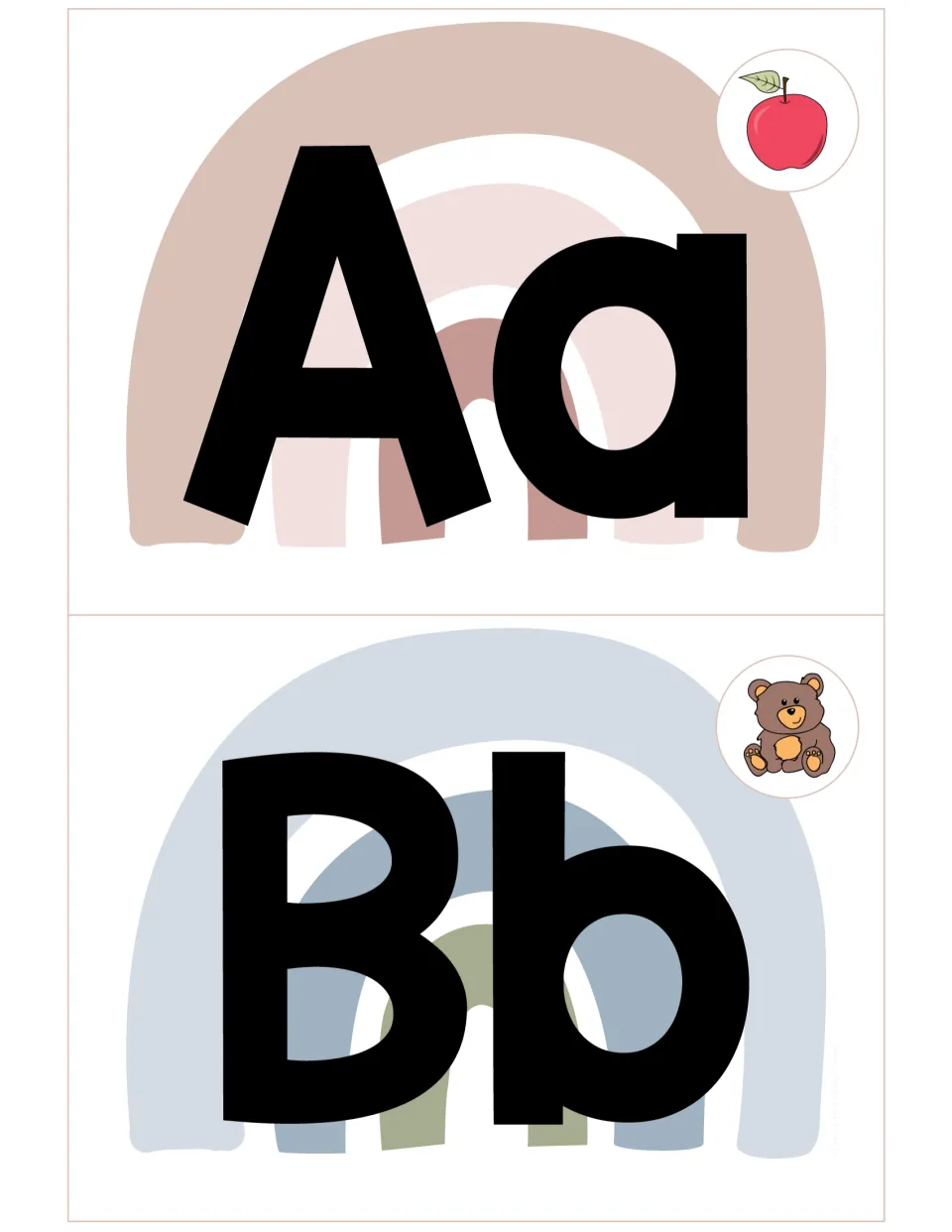 Alphabet header cards Aa with an apple and Bb with a teddy bear, large black letters over muted pastel rainbows