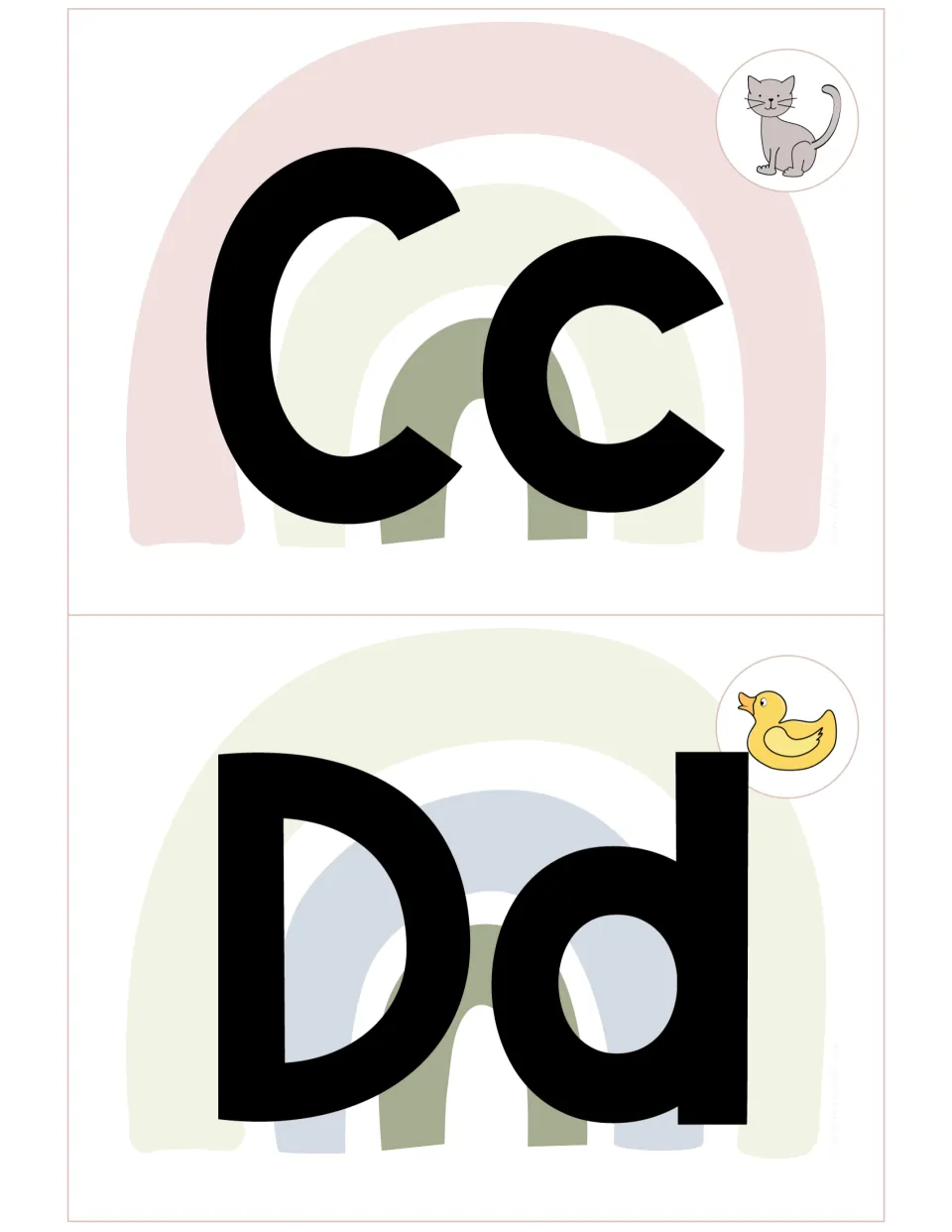 Letter headers Cc with a gray cat and Dd with a yellow duck, showing upper and lowercase letters with picture cues