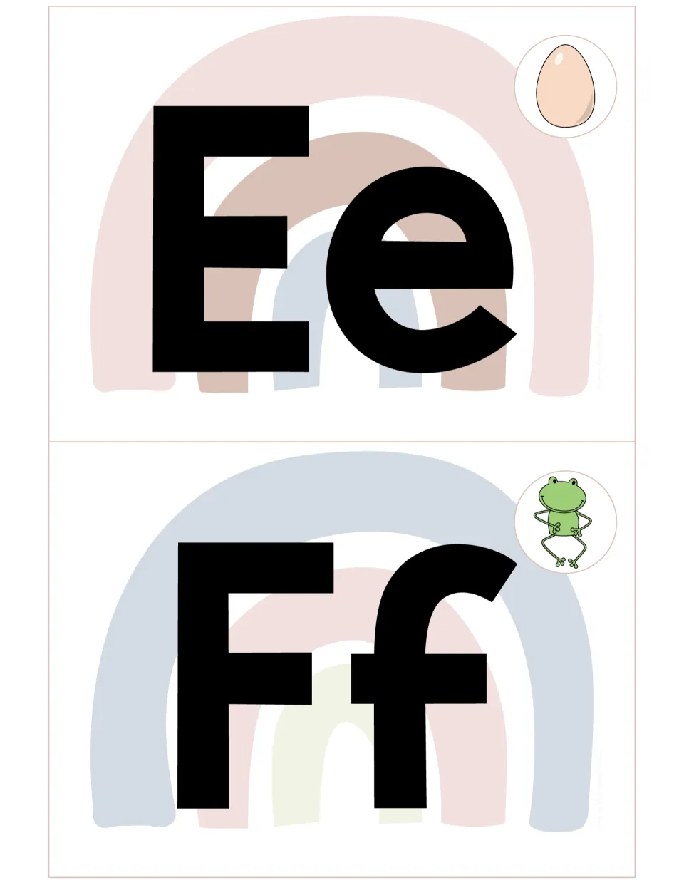 Alphabet cards Ee with an egg picture and Ff with a green frog, each pairing a capital and small letter on a rainbow