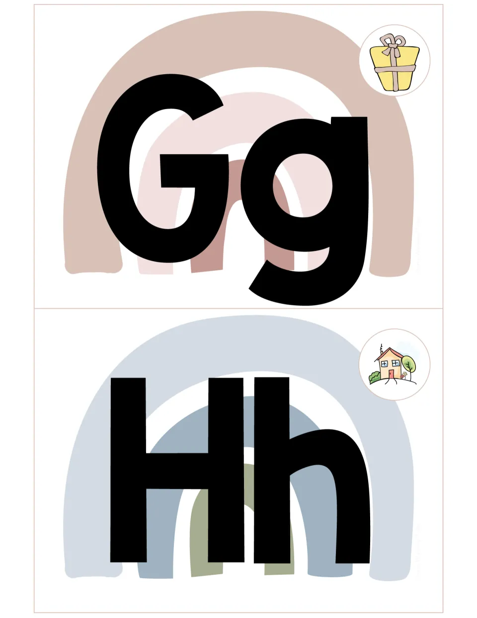 Header cards Gg with a wrapped gift and Hh with a small house, linking each letter to a picture of its beginning sound