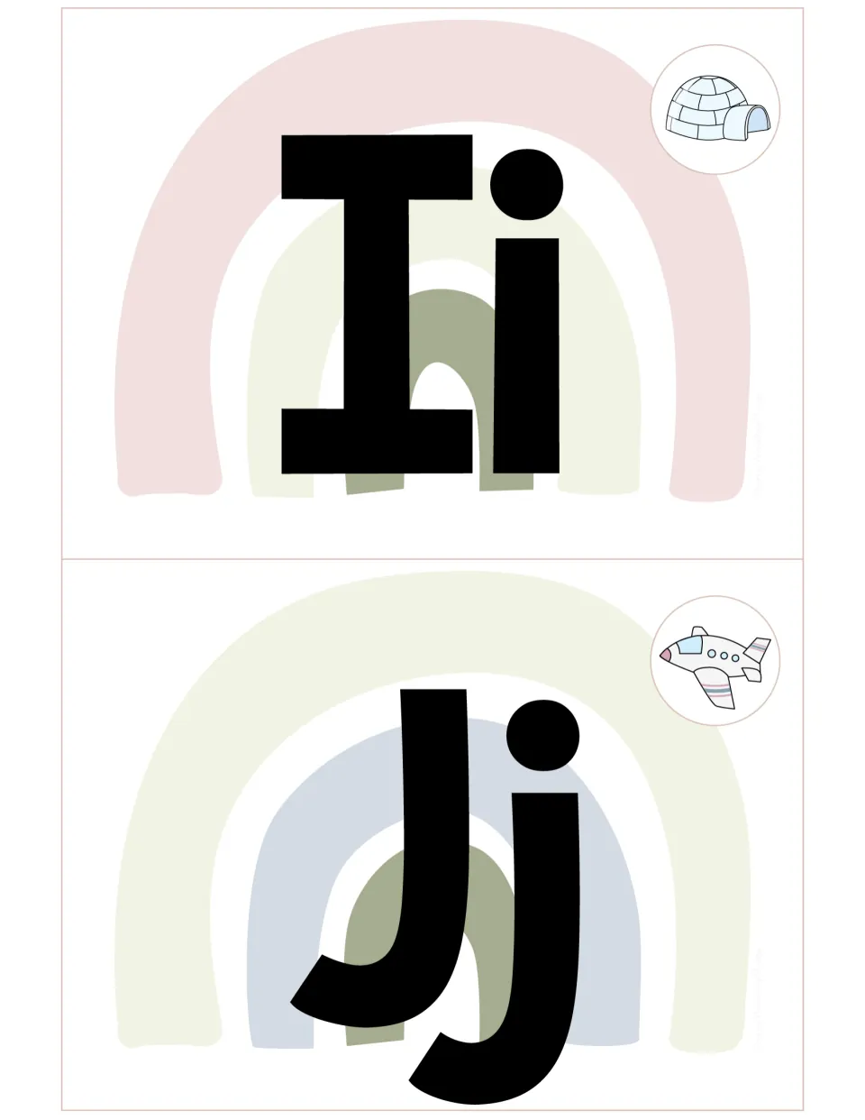 Letter cards Ii with an igloo and Jj with an airplane picture, uppercase and lowercase letters in black on soft rainbows