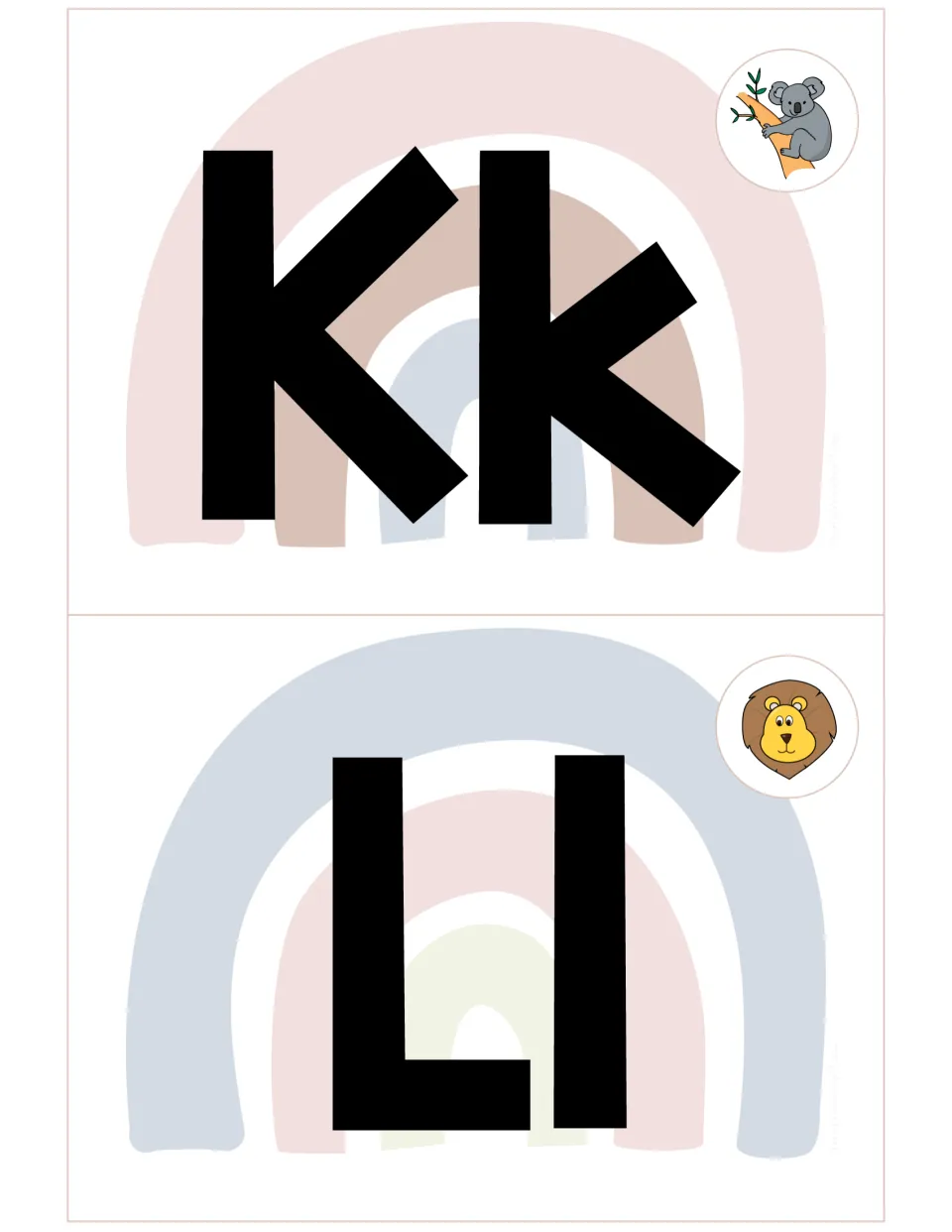 Alphabet headers Kk with a koala on a branch and Ll with a lion face, for letter recognition and beginning sounds