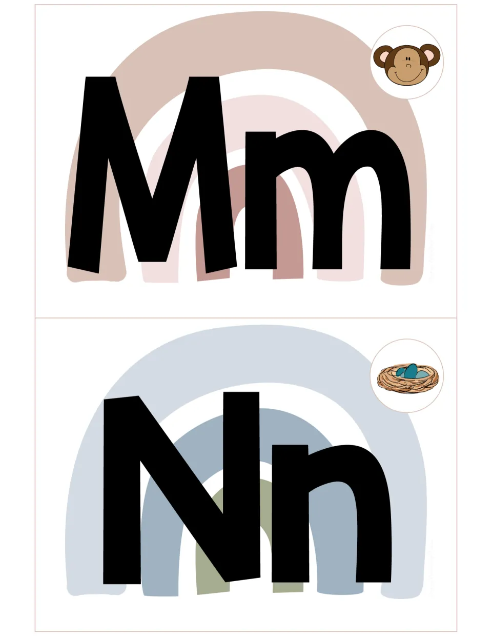 Letter header cards Mm with a smiling monkey and Nn with a bird nest holding blue eggs, in capital and lowercase form