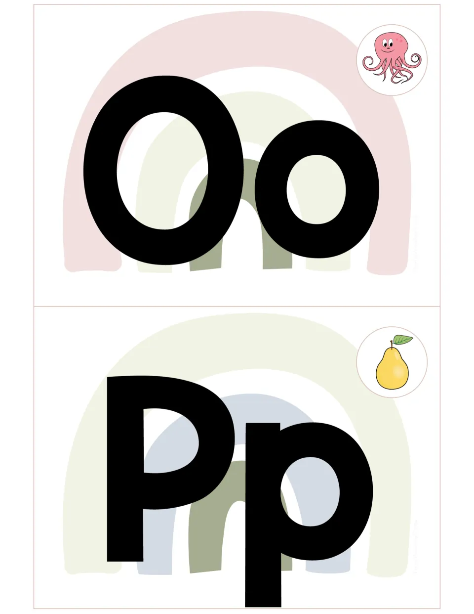 Alphabet cards Oo with a pink octopus and Pp with a yellow pear, large paired letters to anchor sight words by first letter