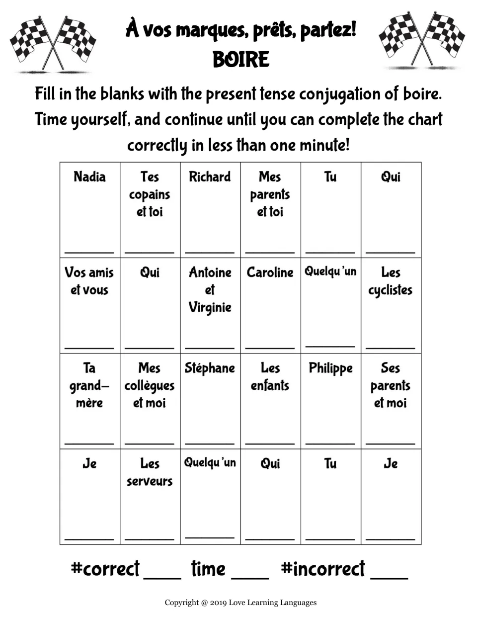 Timed French practice: conjugate boire (to drink) in the present tense for 24 subjects, including Nadia and tu.