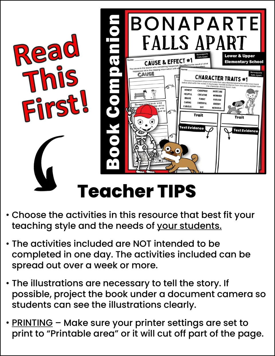Teacher tips for choosing activities, spreading work over a week or more, showing illustrations, and printing