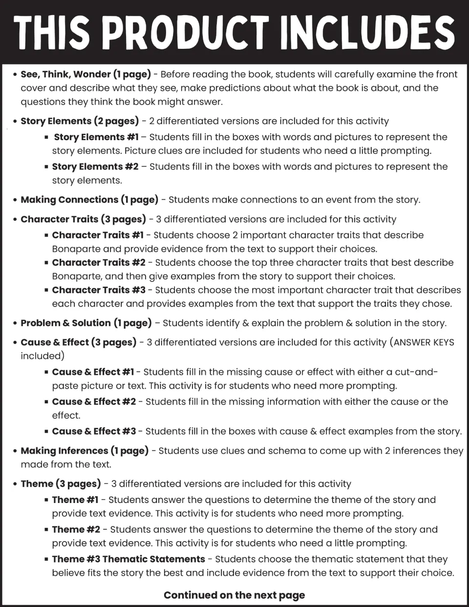 Activity guide covering prediction, story elements, connections, character traits, cause and effect, and theme