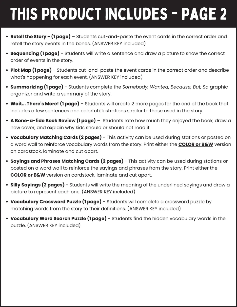 Activity guide covering retelling, sequencing, plot, summaries, book reviews, vocabulary, and sayings