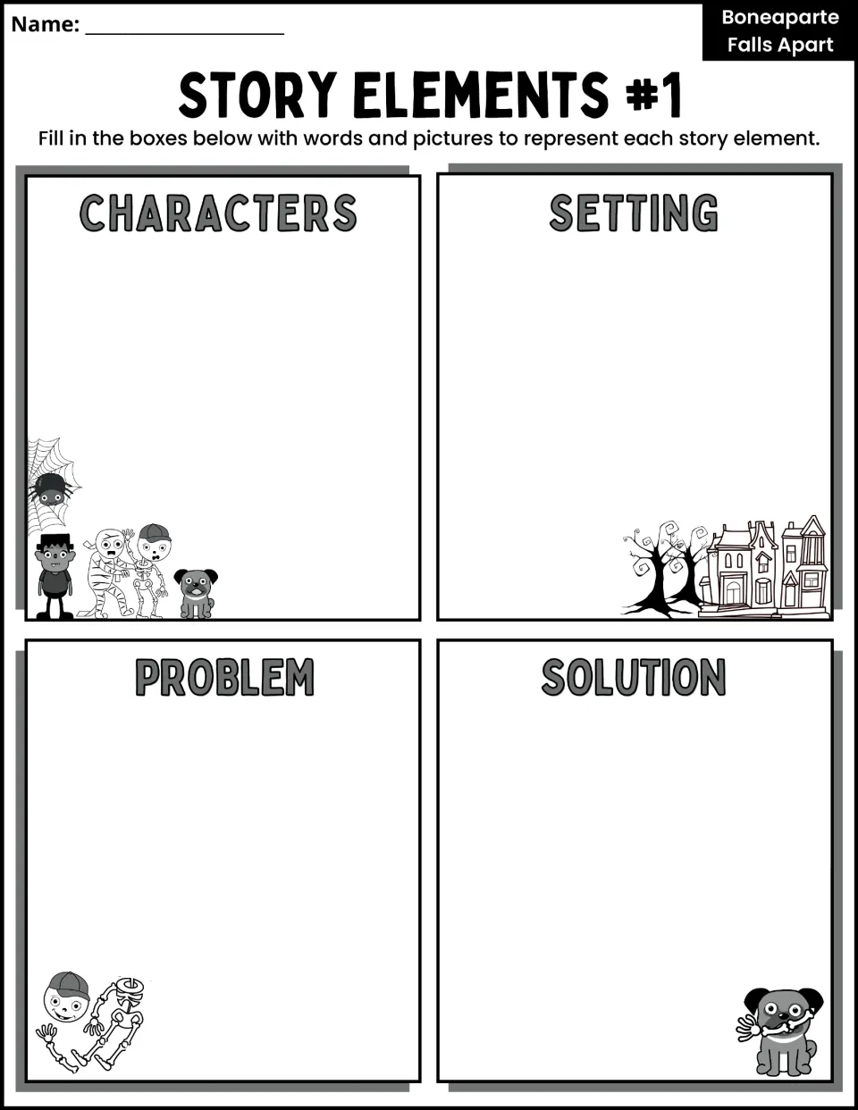 Story Elements #1 asks for words and pictures about characters, setting, problem, and solution, with picture cues