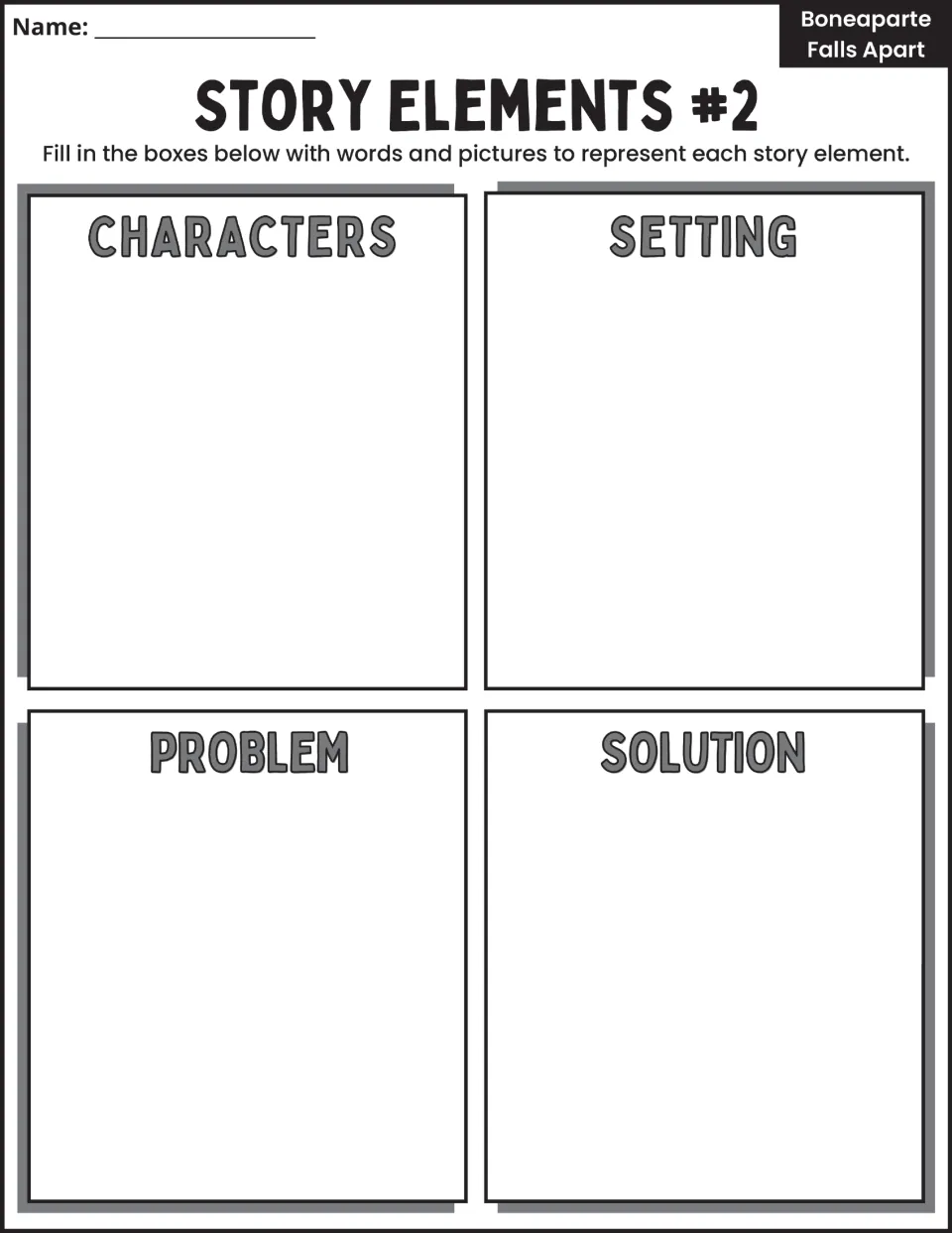 Story Elements #2 asks students to use words and pictures to identify characters, setting, problem, and solution