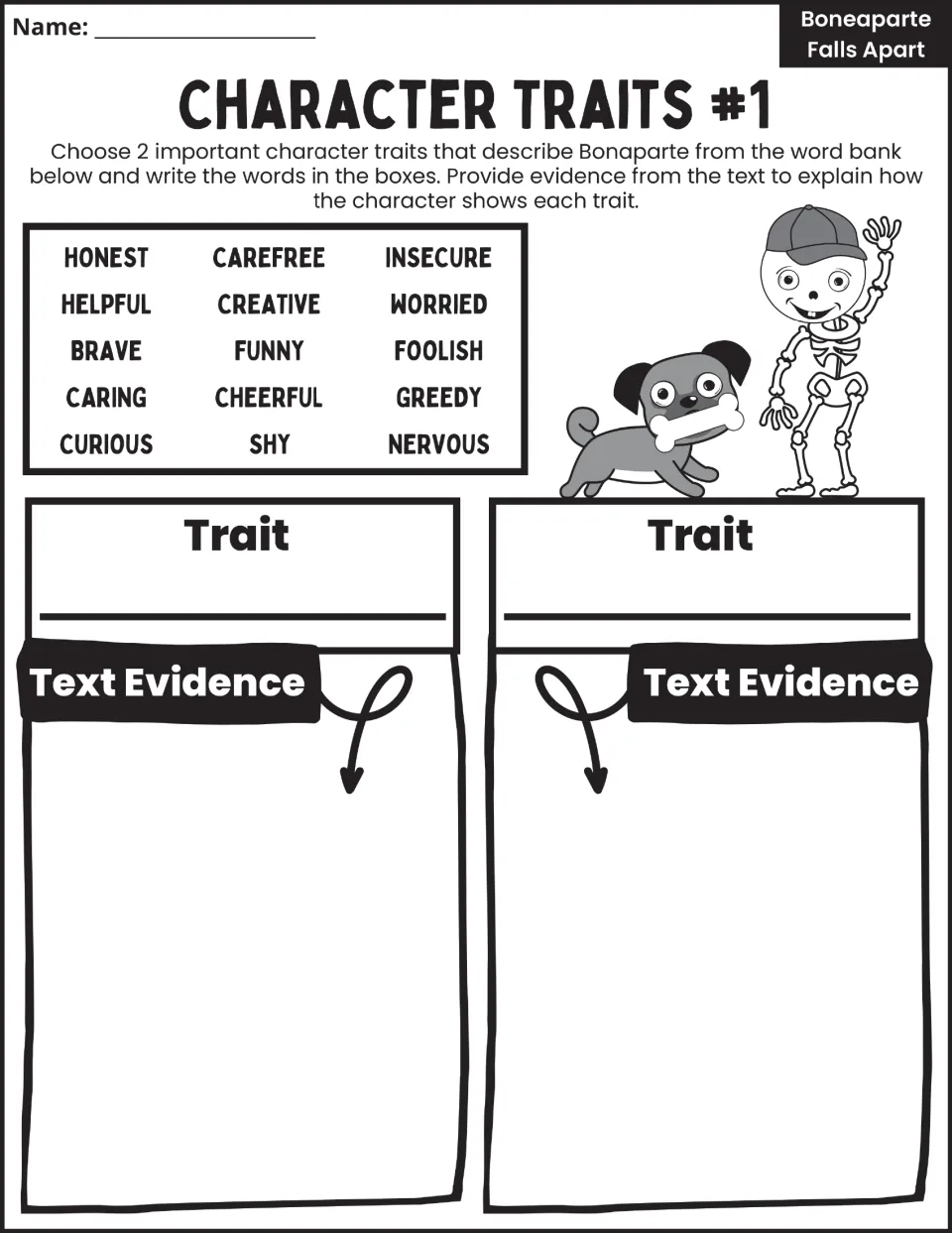 Character Traits #1 asks students to choose two traits for Bonaparte from a word bank and provide text evidence