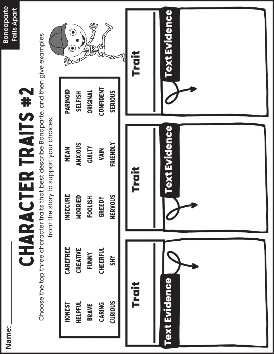 Character Traits #2 asks students to choose three traits for Bonaparte and support each with story examples