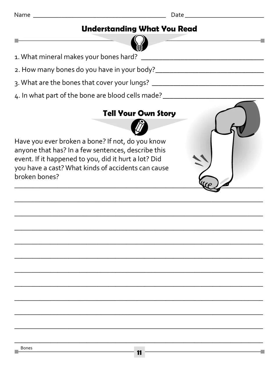 Bones comprehension: four recall questions on calcium, ribs and marrow, then a writing prompt about a broken bone