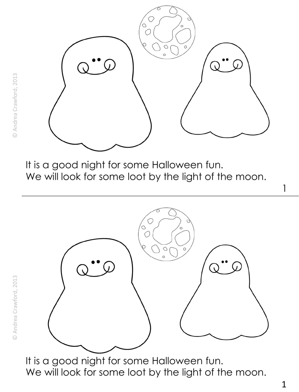 Story page 1: two ghosts under the moon set out for Halloween loot; students decode oo words good, look, loot and moon