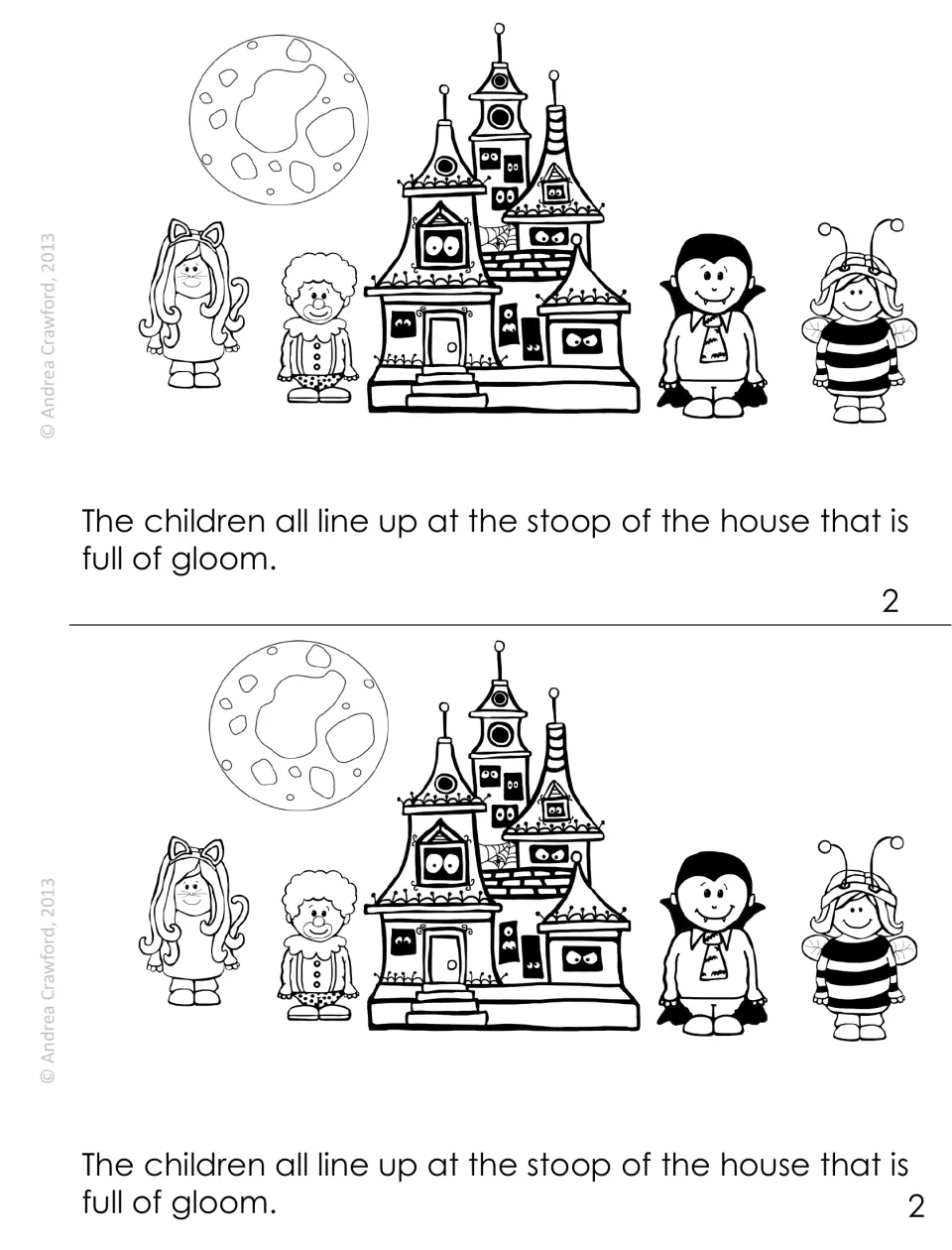 Story page 2: costumed children line up at a haunted house stoop; students read oo words stoop and gloom in the sentence