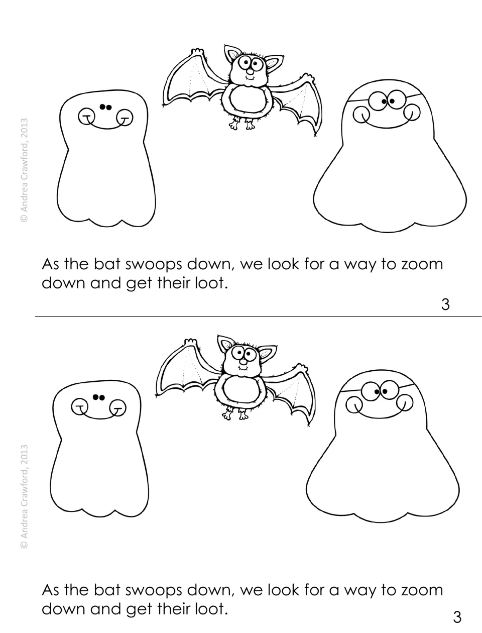 Story page 3: a bat swoops between two ghosts; students decode the oo words swoops, look, zoom and loot in context