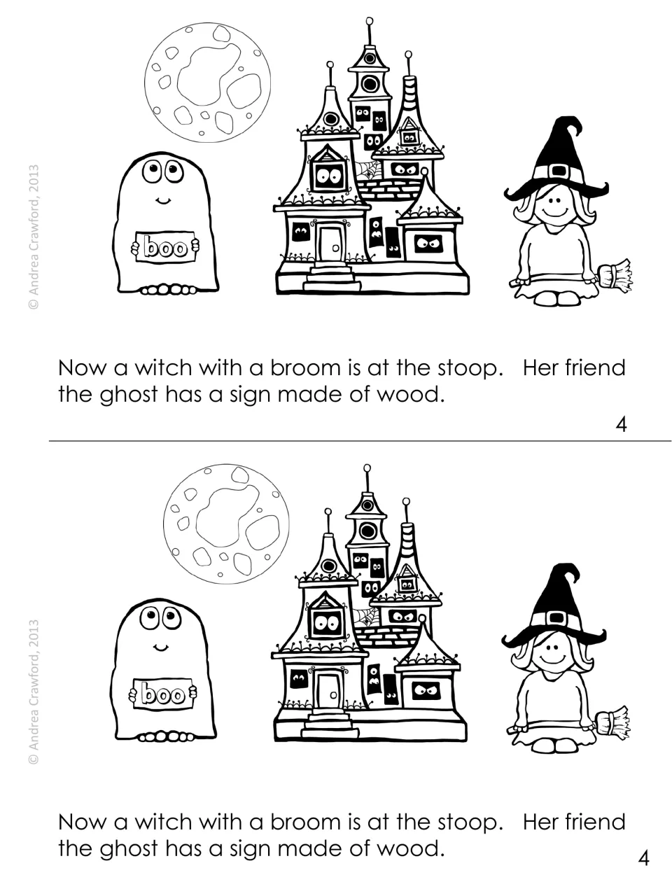 Story page 4: a witch with a broom and a ghost holding a boo sign; students read the oo words broom, stoop and wood