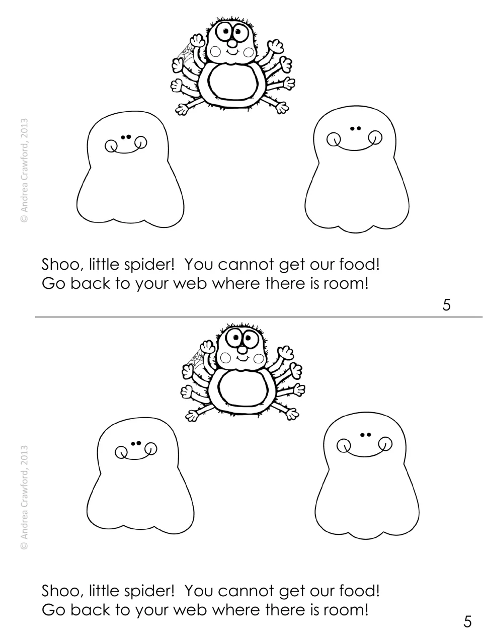Story page 5: two ghosts tell a little spider to shoo; students decode the oo words shoo, food and room in exclamations