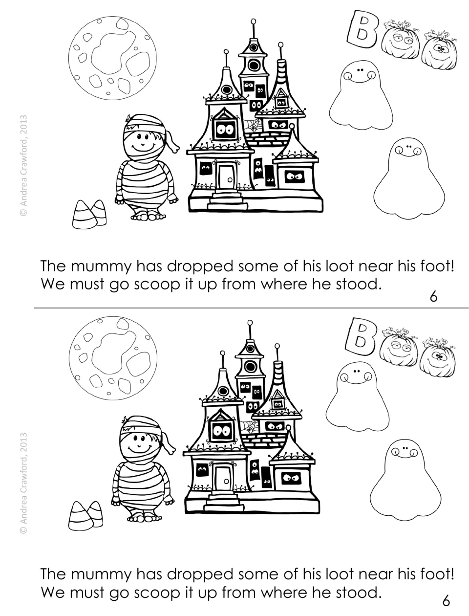 Story page 6: a mummy drops candy corn by a haunted house; students read the oo words loot, foot, scoop and stood